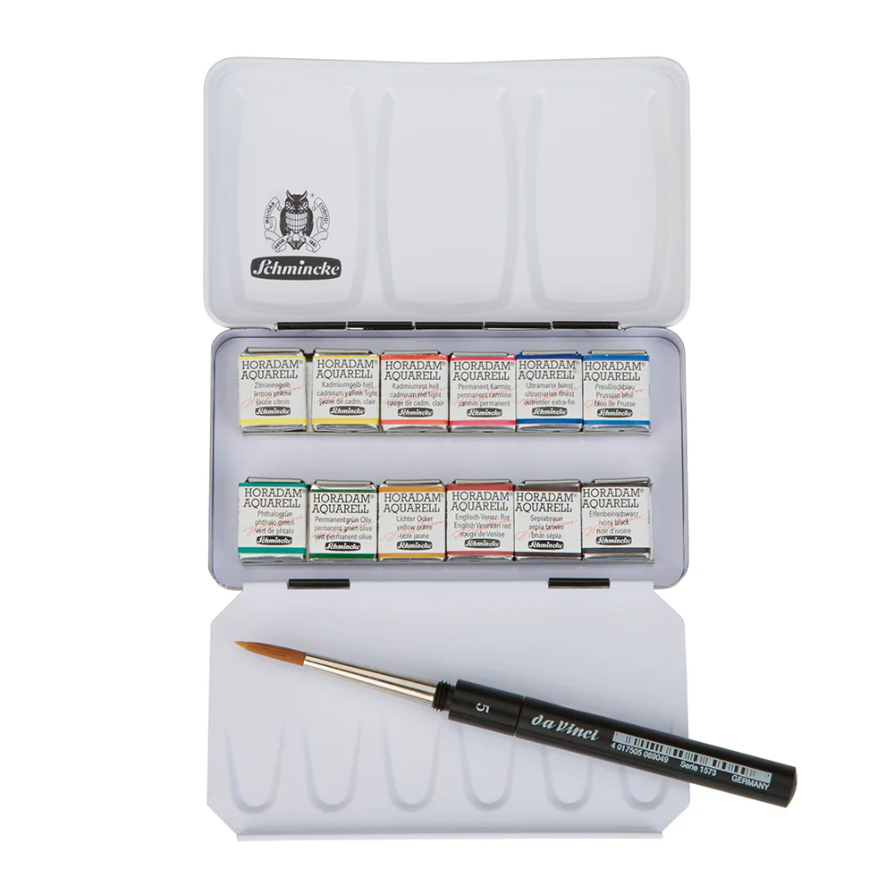 Schmincke Horadam Watercolor 12 Half Pans with Travel Brush