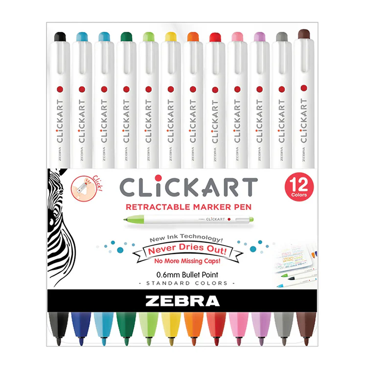 Zebra ClickArt Retractable Marker, Assorted Color Set of 12