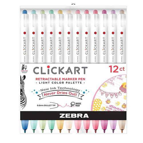 Zebra ClickArt Retractable Marker, Light Colors, Set of 12